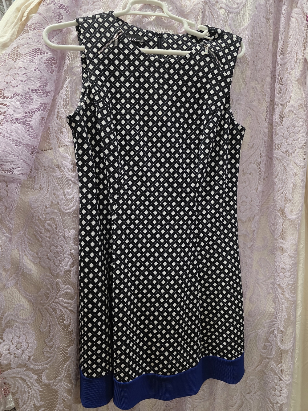 Alyx Black & White Geometric Midi Dress with Blue Hem and Zipper Accents